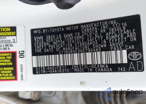 2017 Toyota Corolla Le из США, поврежденный, VIN 2T1BURHEXHC790460